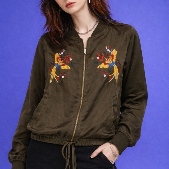 Janina Jackets & Blazers - VTG JANINA Olive Embroidered Phoenix Bird Blouson Bomber Festival Jacket